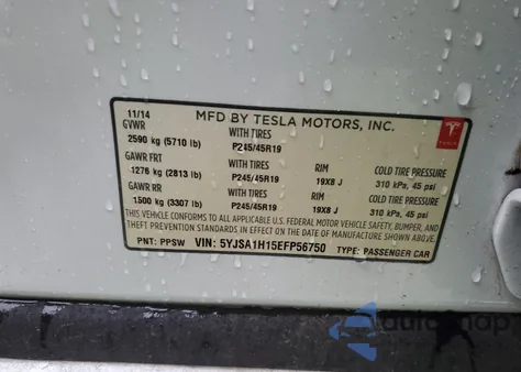 2014 Tesla Model S z USA, uszkodzony, nr VIN 5YJSA1H15EFP56750
